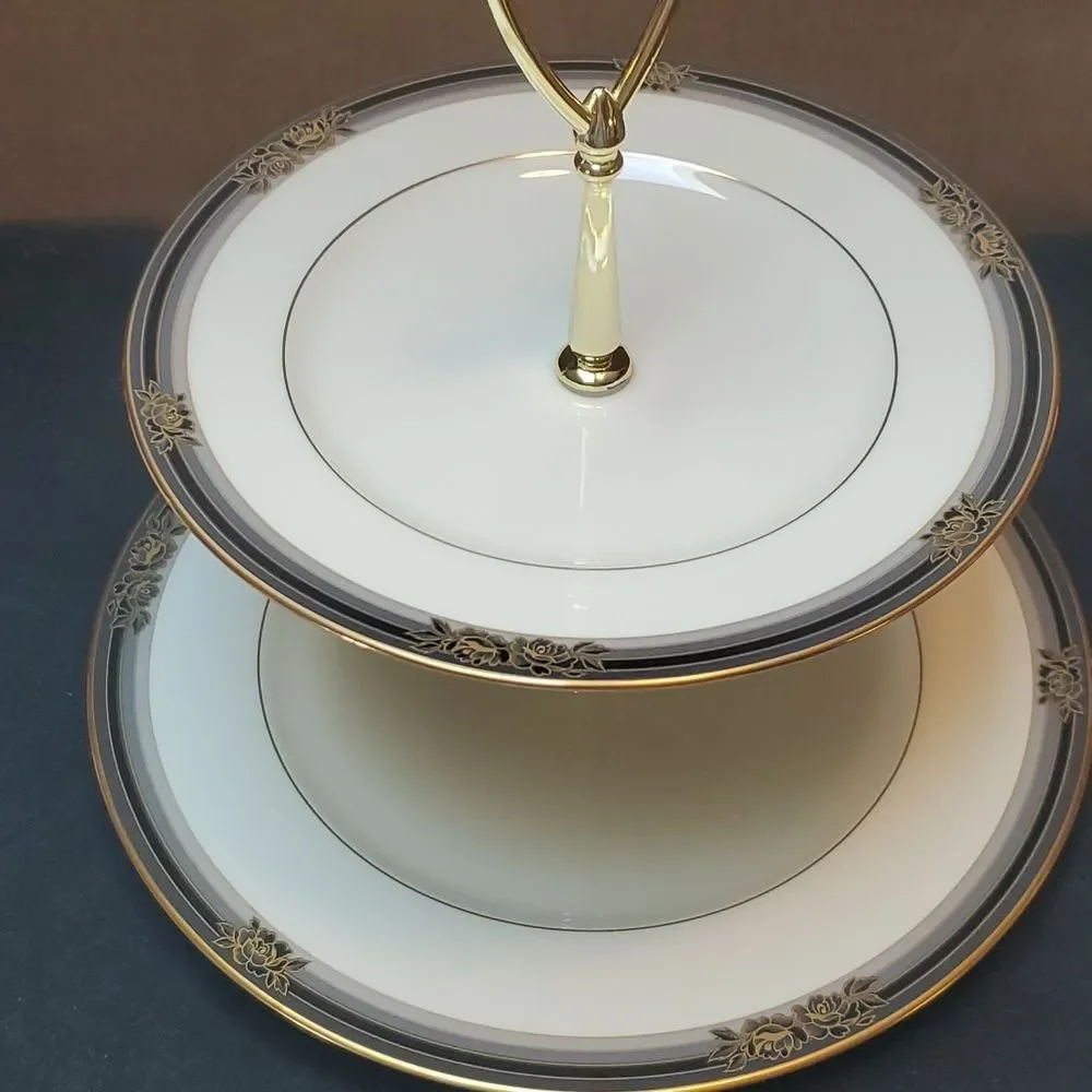 Noritake Spellbinder RARE 2-Tier Tidbit Tray Gold Trim